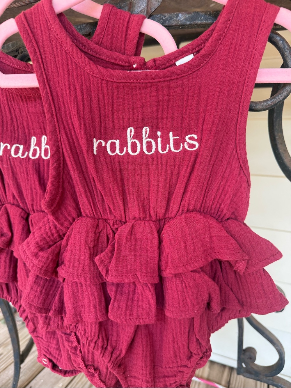 Rabbits Embroidered Ruffled Bodysuit Romper - Raspberry